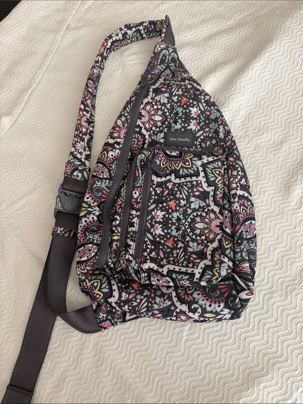 Vera Bradley Black Floral Paisley Crossbody Sling with Pink & Mint Accents